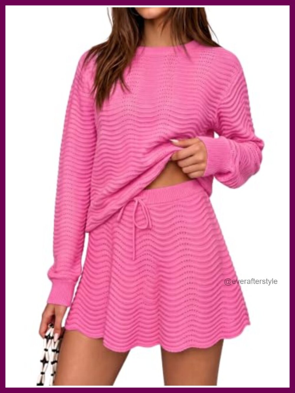 Scalloped Trim 2 Piece Sweater Skirt Set Pullover Knit Mini Skirt Outfit